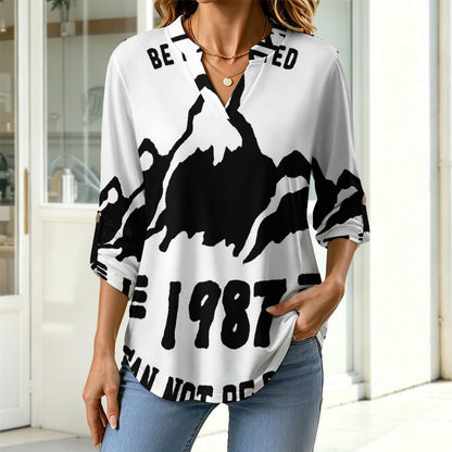 Stand-up Collar Long-sleeved Shirt 1987, Retro Font Design, Mountain Peak  Customization Women’s V-Neck Blouses,long Sleeve,Roll-Up Sleeve Shirt