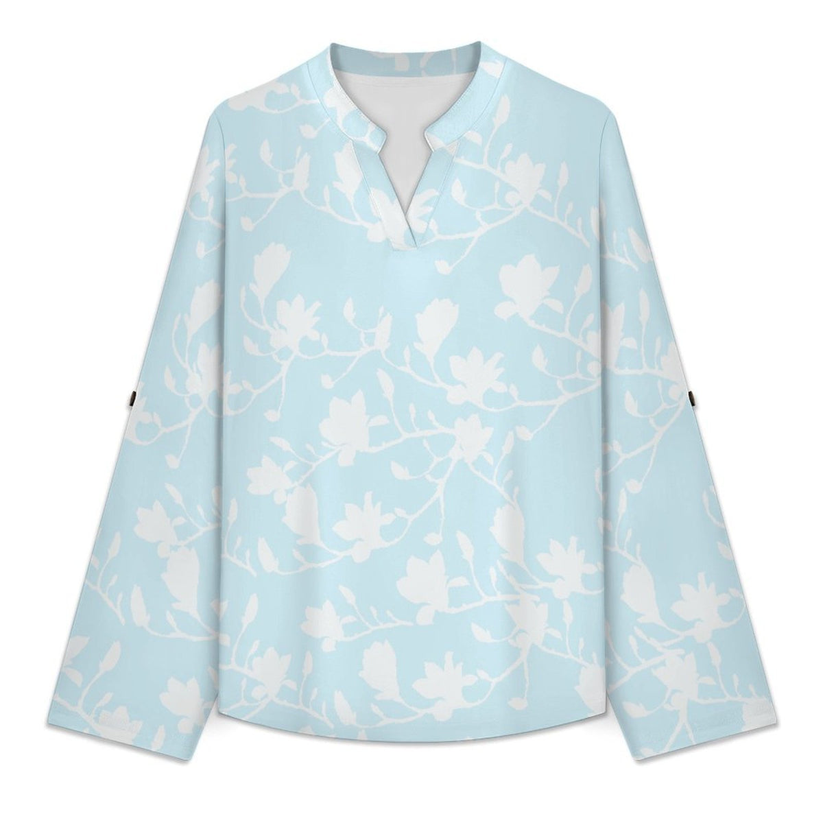 Flowers, Women's Clothing, Repeating Patterns  Versatile Notched V-Neck Tunic | Roll Tab 3/4 Sleeve Office Casual Top
