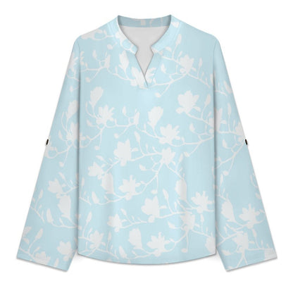 Flowers, Women's Clothing, Repeating Patterns  Versatile Notched V-Neck Tunic | Roll Tab 3/4 Sleeve Office Casual Top