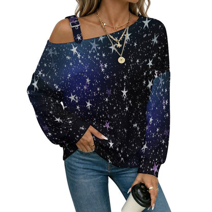 Fall Casual Asymmetric Shoulder Knit Top with Buckle Detail Night, Starry Sky