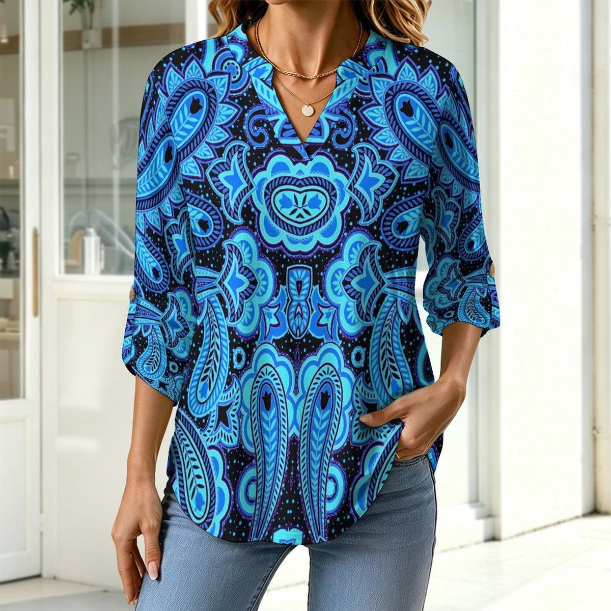 Paisley  Versatile Notched V-Neck Tunic | Roll Tab 3/4 Sleeve Office Casual Top