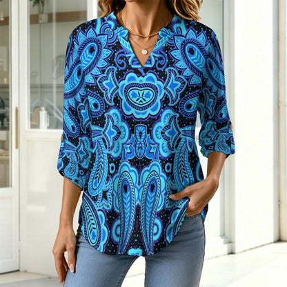 Paisley  Versatile Notched V-Neck Tunic | Roll Tab 3/4 Sleeve Office Casual Top