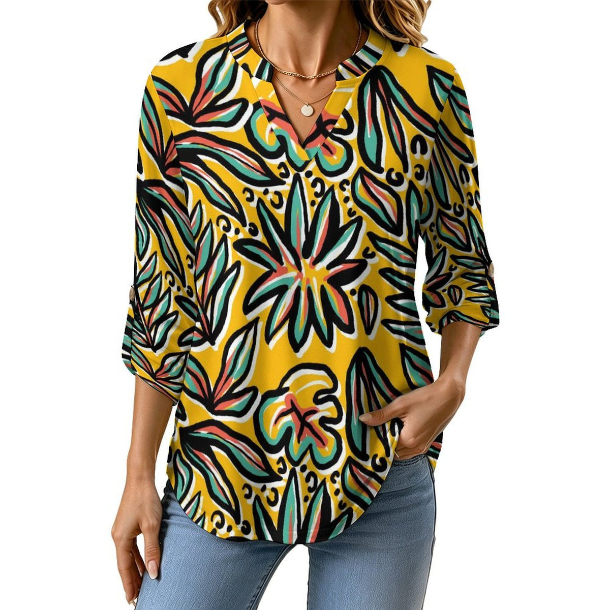 Women Curved Hem V Neck Roll Sleeve Casual Work Top  Floral, Repeating Pattern
