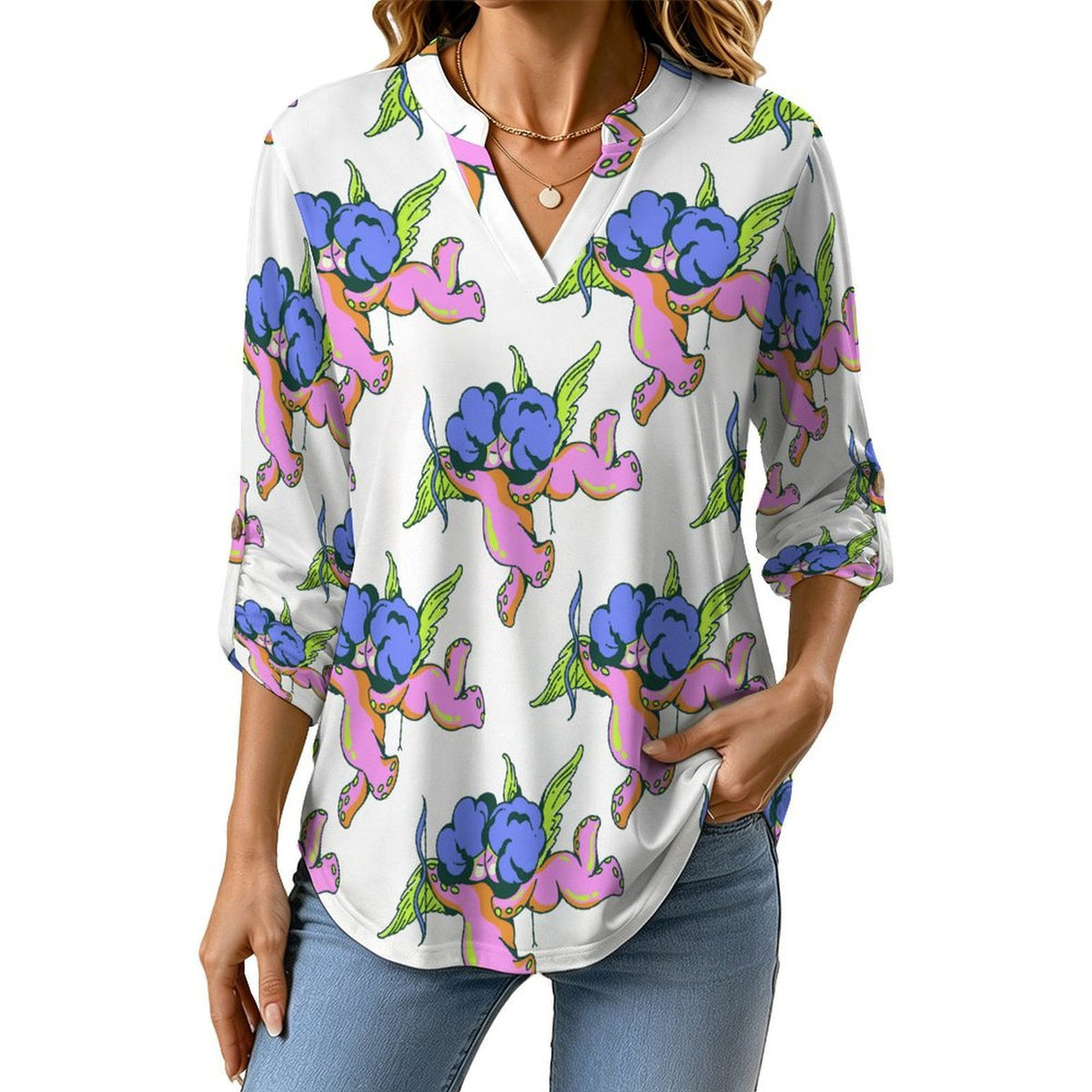 Stand-up Collar Long-sleeved Shirt Octopus Angel Pattern  Customization Women’s V-Neck Blouses,long Sleeve,Roll-Up Sleeve Shirt