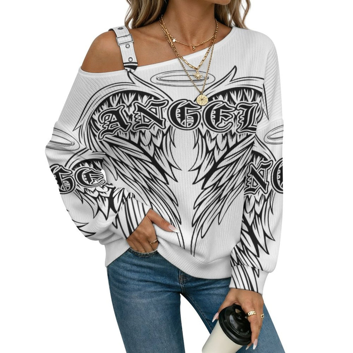 Off-the-shoulder Sweater Angle Wing  Asymmetric Cold Shoulder Knit Sweater for Women, Adjustable Buckle Strap Long Sleeve Casual Slouchy Pullover