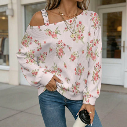 Off-the-shoulder Sweater Floral Pattern  Asymmetric Cold Shoulder Knit Sweater for Women, Adjustable Buckle Strap Long Sleeve Casual Slouchy Pullover