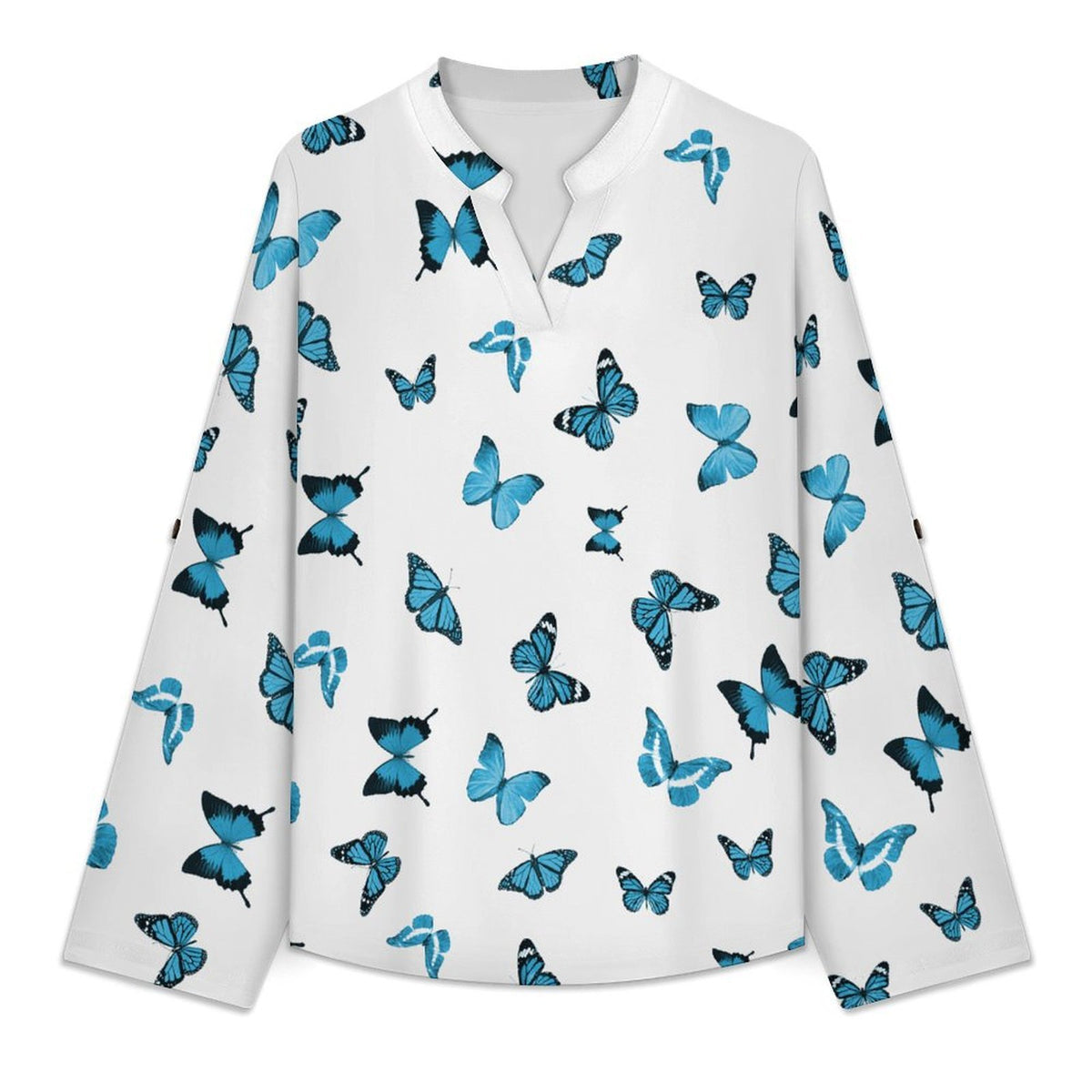 Stand-up Collar Long-sleeved Shirt Repeating Pattern, Butterfly, Blue  Customization Women’s V-Neck Blouses,long Sleeve,Roll-Up Sleeve Shirt