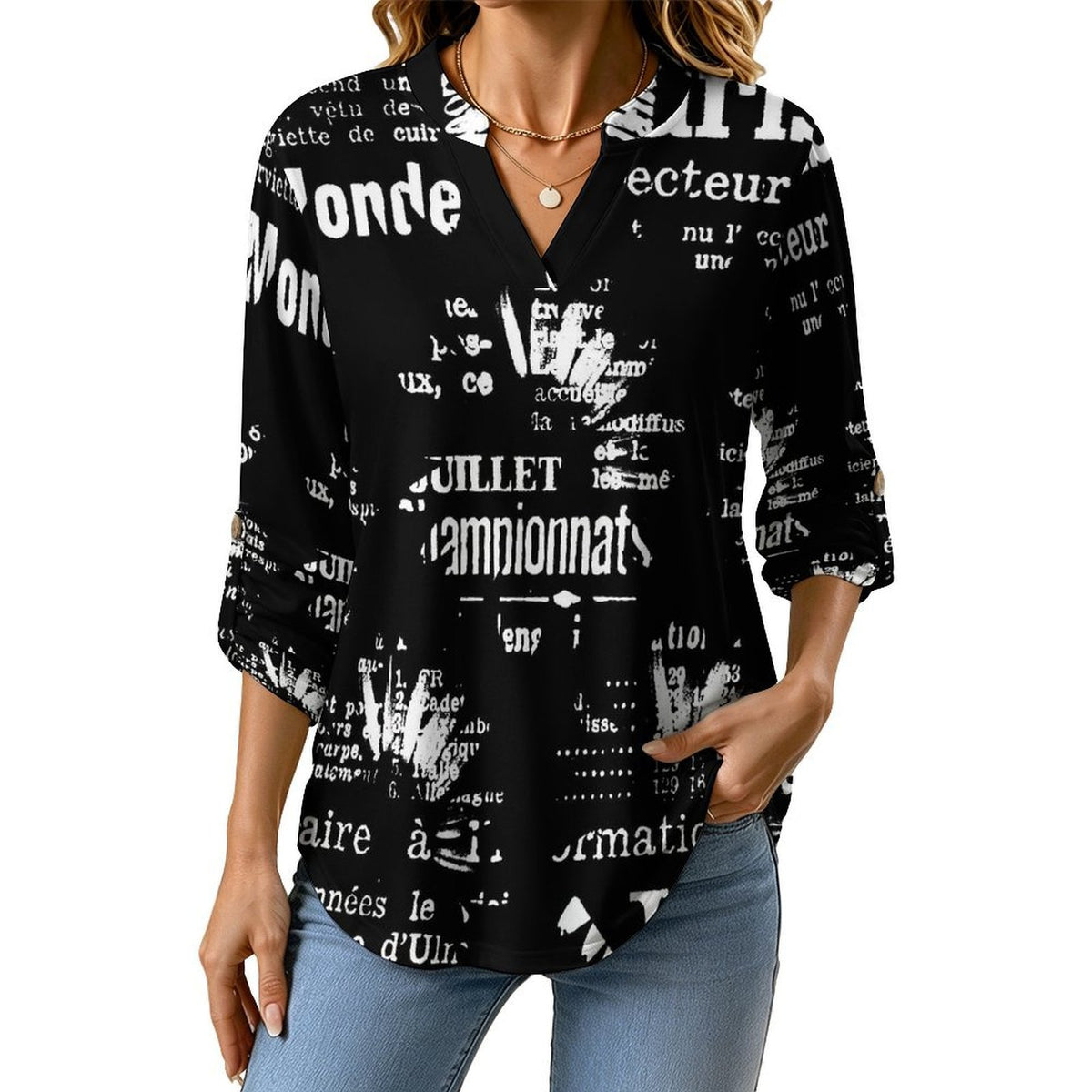 Stand-up Collar Long-sleeved Shirt Sunflower Dress Woman  Customization Women’s V-Neck Blouses,long Sleeve,Roll-Up Sleeve Shirt
