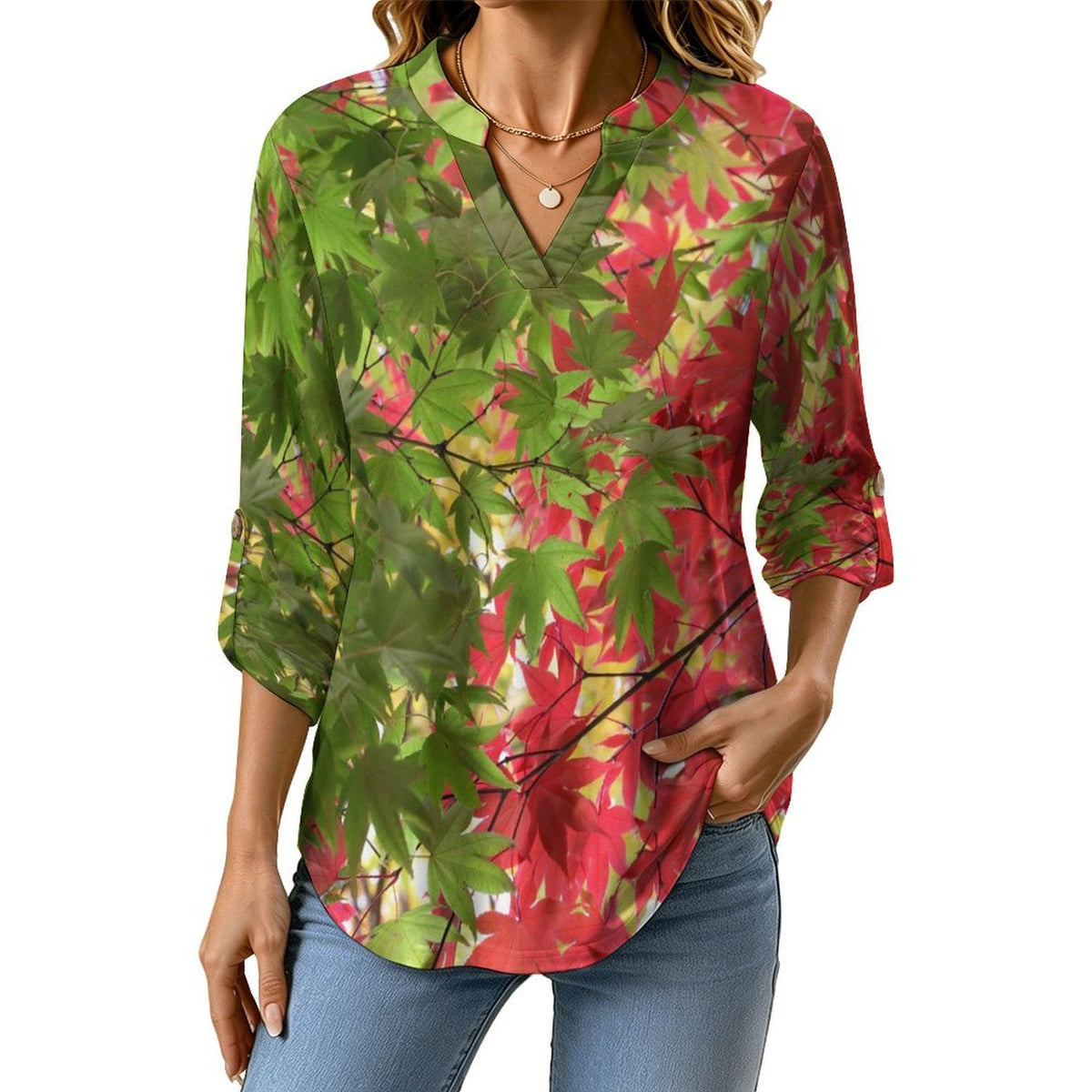 Women's Notched V Neck Tunic Tops, Roll Up 3/4 Sleeve Button Cuff Casual Blouse, Hem Loose Work Shirts  Red And Green  Leaves