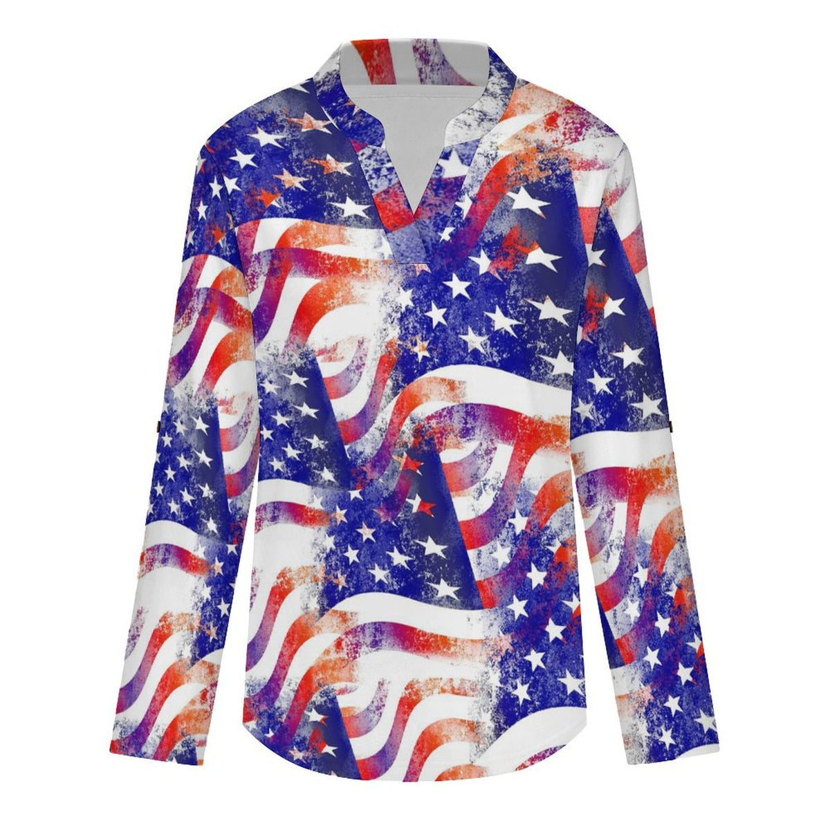 Stand-up Collar Long-sleeved Shirt Many American Flags Intertwined  Customization Women’s V-Neck Blouses,long Sleeve,Roll-Up Sleeve Shirt