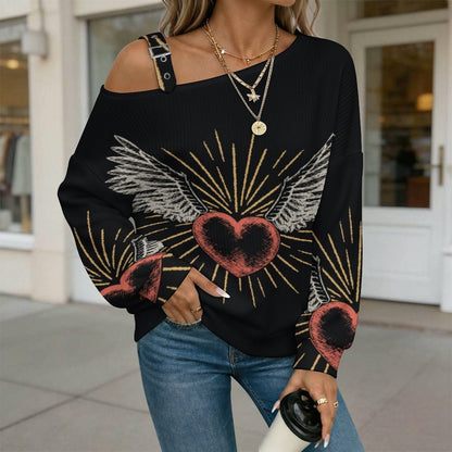 Off-the-shoulder Sweater Wing Heart  Asymmetric Cold Shoulder Knit Sweater for Women, Adjustable Buckle Strap Long Sleeve Casual Slouchy Pullover