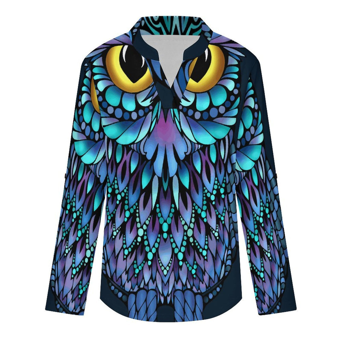 Stand-up Collar Long-sleeved Shirt Owl, Animal  Customization Women’s V-Neck Blouses,long Sleeve,Roll-Up Sleeve Shirt