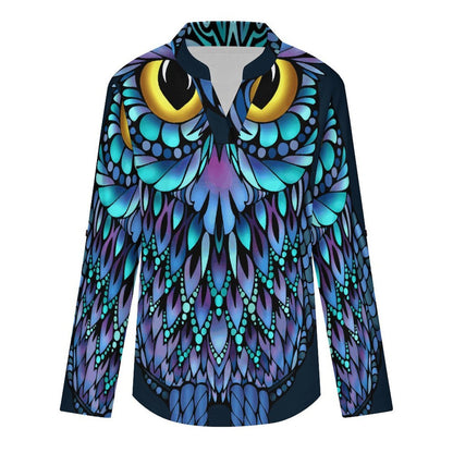 Stand-up Collar Long-sleeved Shirt Owl, Animal  Customization Women’s V-Neck Blouses,long Sleeve,Roll-Up Sleeve Shirt