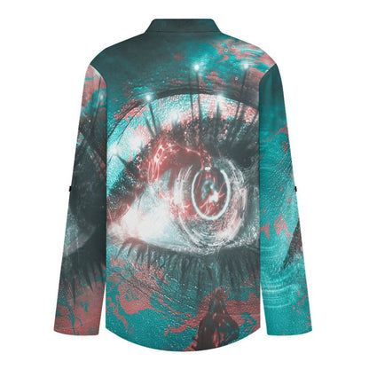 Stand-up Collar Long-sleeved Shirt Blue, Eyes, Abstract Painting  Customization Women’s V-Neck Blouses,long Sleeve,Roll-Up Sleeve Shirt