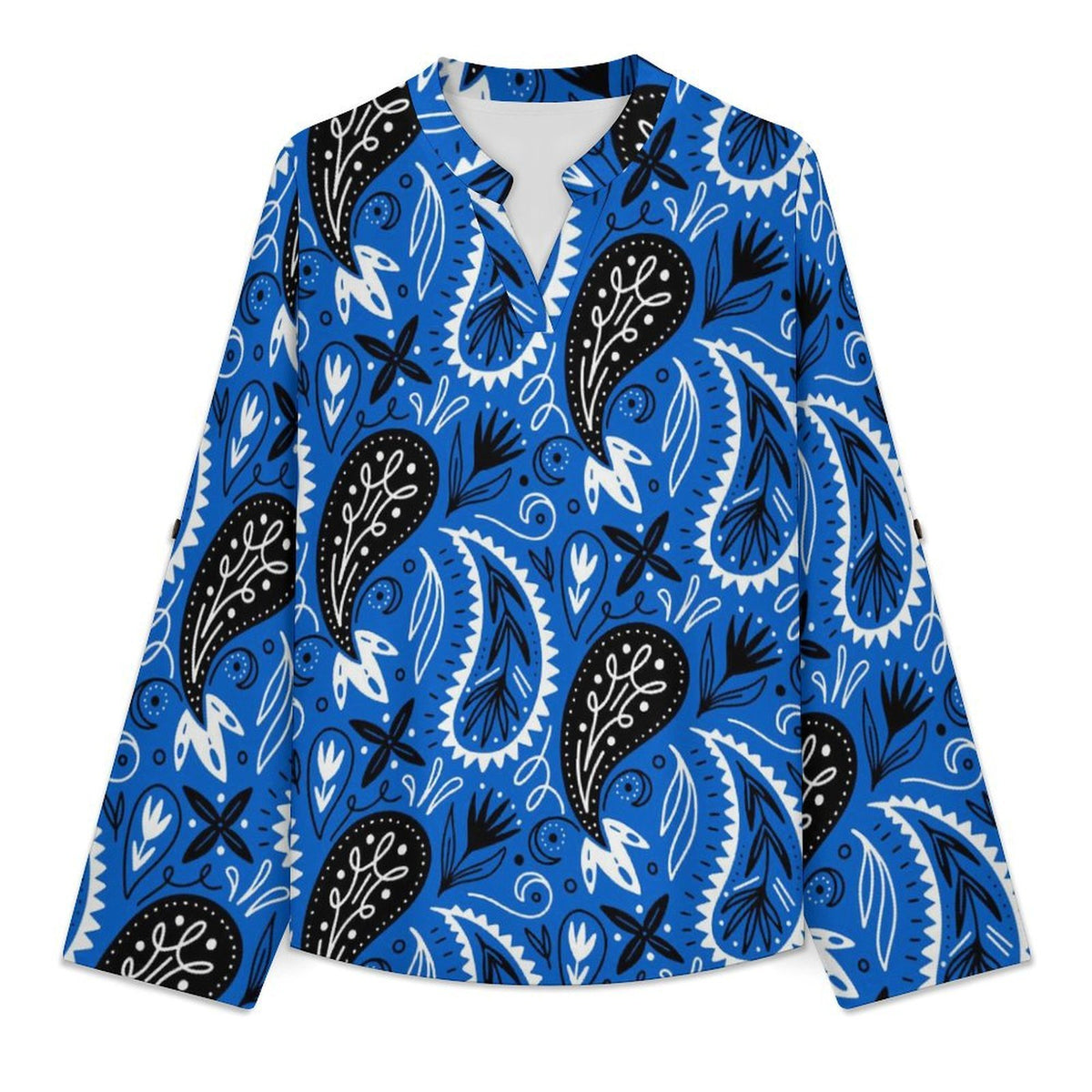 Stand-up Collar Long-sleeved Shirt Paisley  Customization Women’s V-Neck Blouses,long Sleeve,Roll-Up Sleeve Shirt