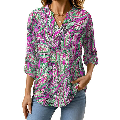 Stand-up Collar Long-sleeved Shirt Paisley  Customization Women’s V-Neck Blouses,long Sleeve,Roll-Up Sleeve Shirt