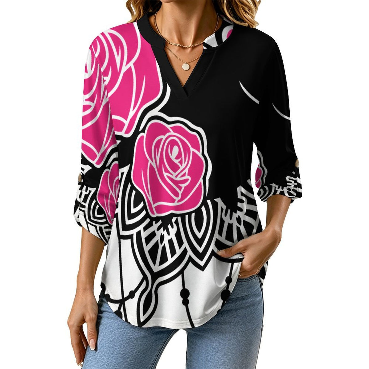 Stand-up Collar Long-sleeved Shirt Rose And Black Cat  Customization Women’s V-Neck Blouses,long Sleeve,Roll-Up Sleeve Shirt