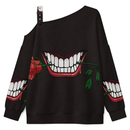 Off-the-shoulder Sweater Mouth Blood Rose Teeth  Asymmetric Cold Shoulder Knit Sweater for Women, Adjustable Buckle Strap Long Sleeve Casual Slouchy Pullover