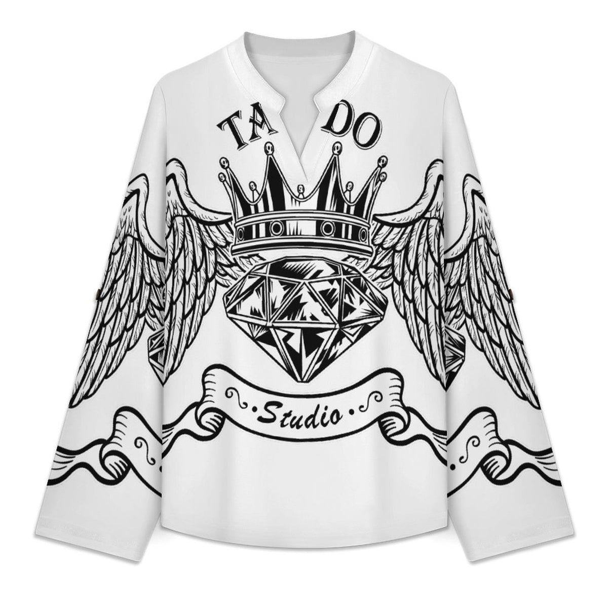 Stand-up Collar Long-sleeved Shirt Diamonds, Wings  Customization Women’s V-Neck Blouses,long Sleeve,Roll-Up Sleeve Shirt