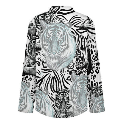 Stand-up Collar Long-sleeved Shirt Tiger Pattern, Repeating Pattern  Customization Women’s V-Neck Blouses,long Sleeve,Roll-Up Sleeve Shirt