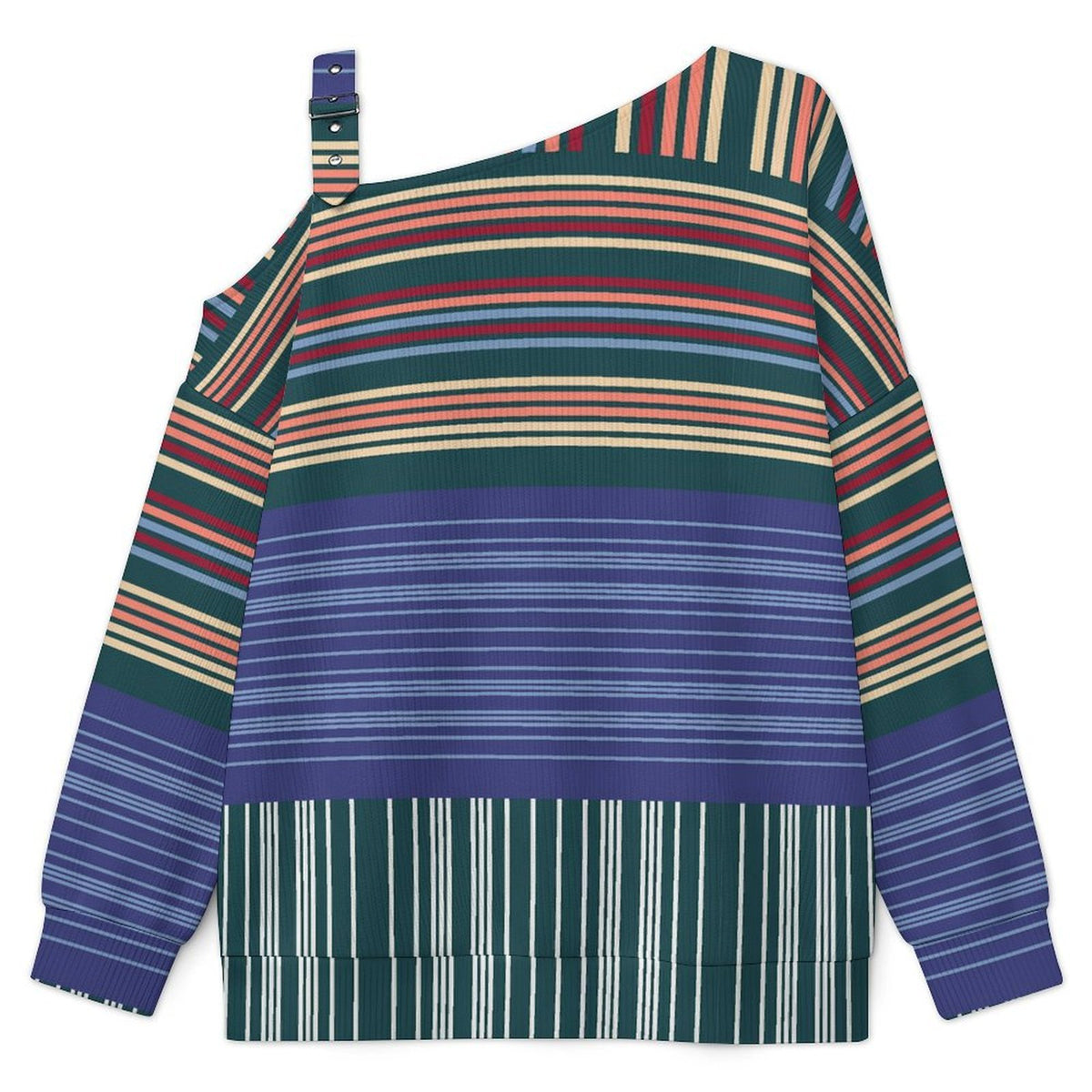Off-the-shoulder Sweater Fashion Stripe  Asymmetric Cold Shoulder Knit Sweater for Women, Adjustable Buckle Strap Long Sleeve Casual Slouchy Pullover