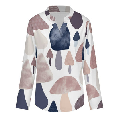 Stand-up Collar Long-sleeved Shirt Mushrooms Background  Customization Women’s V-Neck Blouses,long Sleeve,Roll-Up Sleeve Shirt