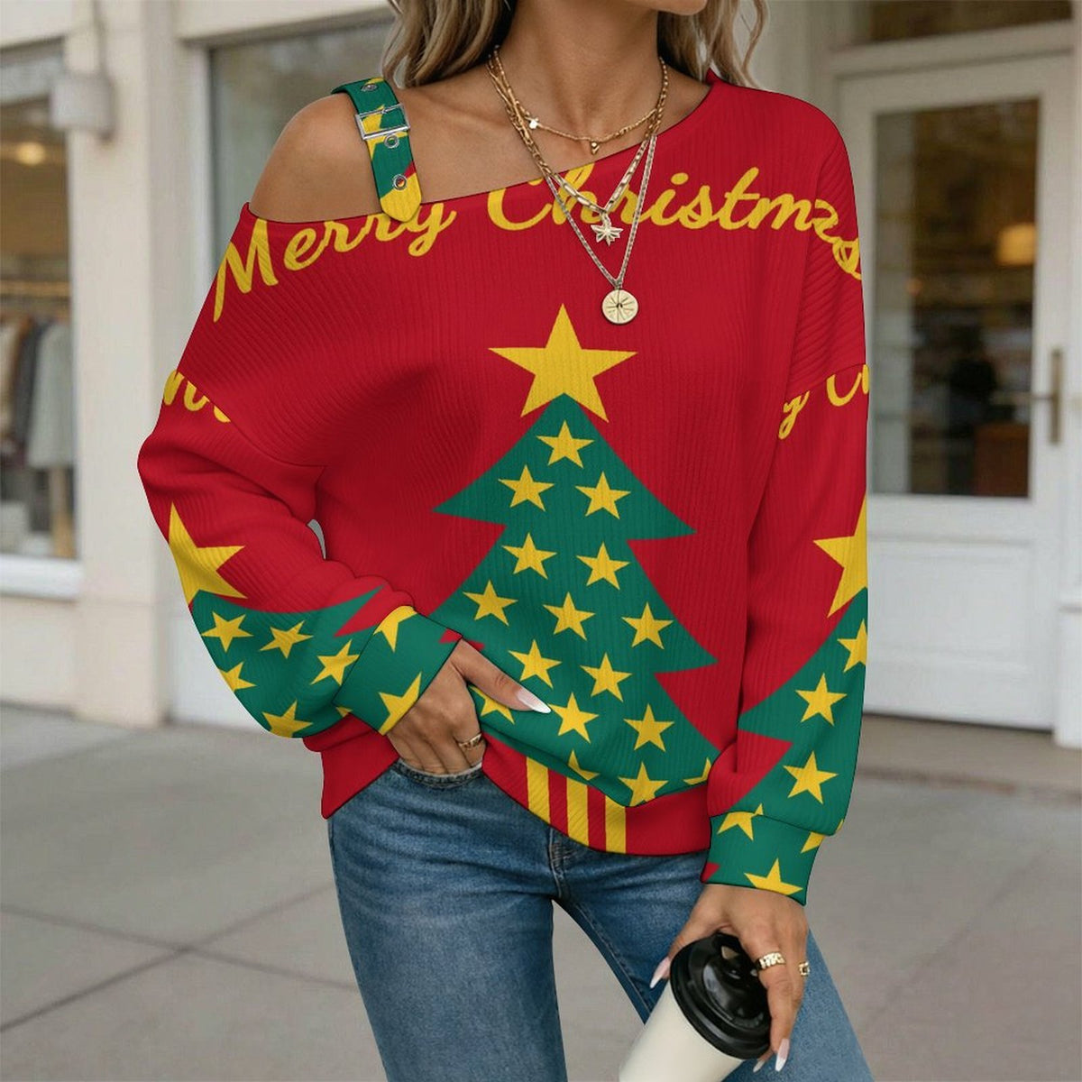 Off-the-shoulder Sweater Christmas Tree  Asymmetric Cold Shoulder Knit Sweater for Women, Adjustable Buckle Strap Long Sleeve Casual Slouchy Pullover