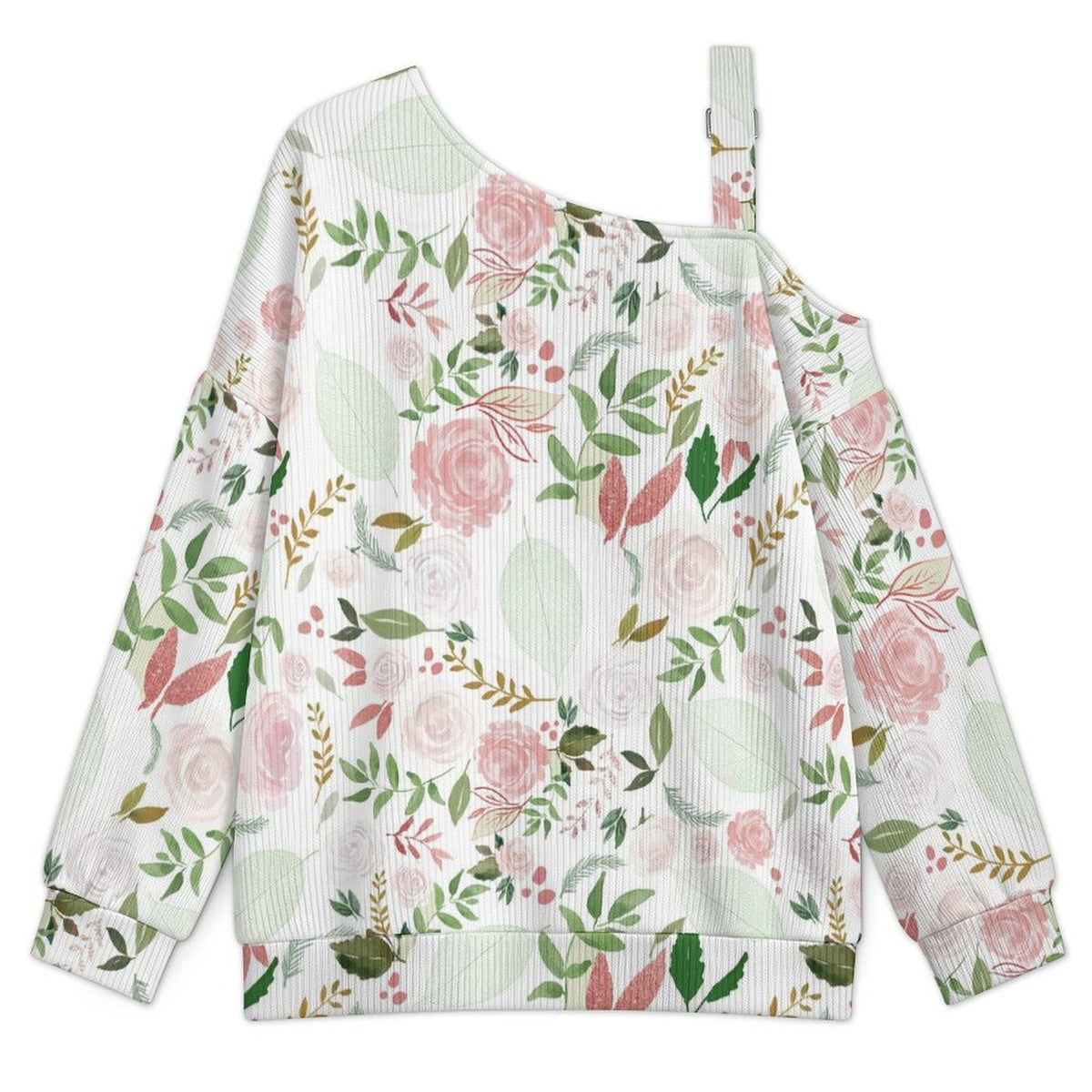 Off-the-shoulder Sweater Pink Roses, Green Leaves  Asymmetric Cold Shoulder Knit Sweater for Women, Adjustable Buckle Strap Long Sleeve Casual Slouchy Pullover
