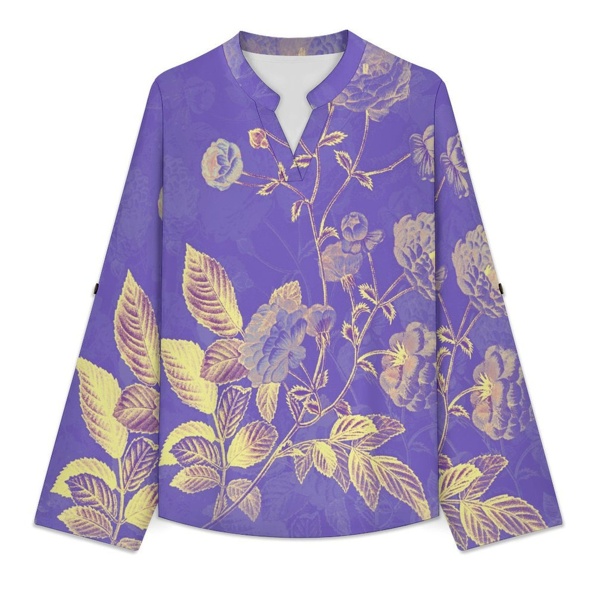 Stand-up Collar Long-sleeved Shirt Purple, Chinese Style, Flower Pattern  Customization Women’s V-Neck Blouses,long Sleeve,Roll-Up Sleeve Shirt