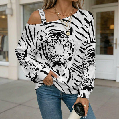 Off-the-shoulder Sweater Black And White Painting, Vigilant Tiger  Asymmetric Cold Shoulder Knit Sweater for Women, Adjustable Buckle Strap Long Sleeve Casual Slouchy Pullover