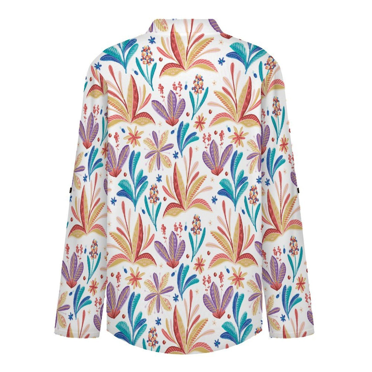 Stand-up Collar Long-sleeved Shirt Repeat Patterned Flower Plants  Customization Women’s V-Neck Blouses,long Sleeve,Roll-Up Sleeve Shirt