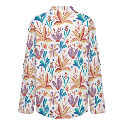 Stand-up Collar Long-sleeved Shirt Repeat Patterned Flower Plants  Customization Women’s V-Neck Blouses,long Sleeve,Roll-Up Sleeve Shirt