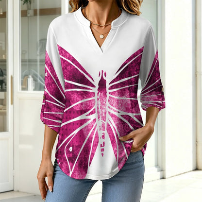 Stand-up Collar Long-sleeved Shirt Red, Butterfly  Customization Women’s V-Neck Blouses,long Sleeve,Roll-Up Sleeve Shirt