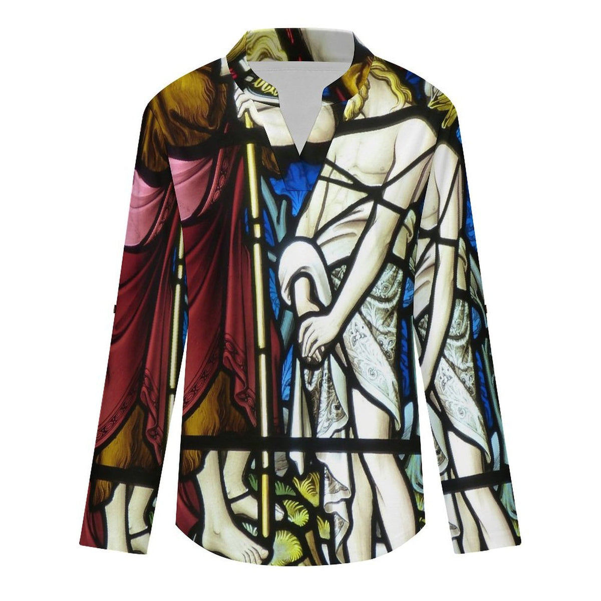 Stand-up Collar Long-sleeved Shirt Jesus Church Windows Faith  Customization Women’s V-Neck Blouses,long Sleeve,Roll-Up Sleeve Shirt