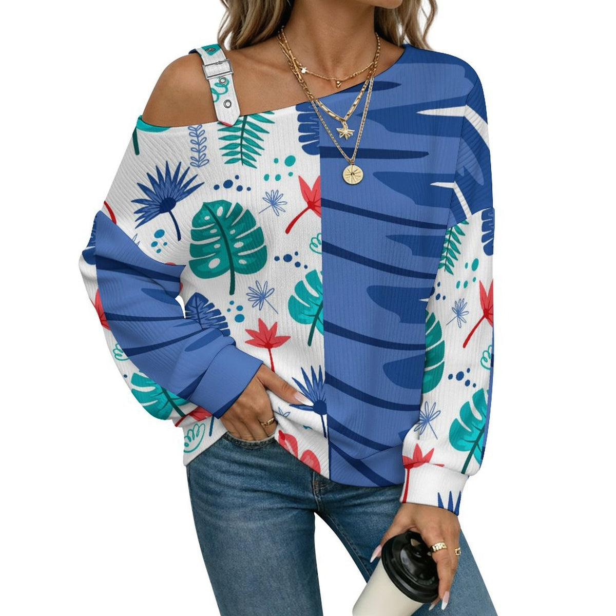 Off-the-shoulder Sweater Contrast, Marijuana Leaves, Flowers, Dark Blue  Asymmetric Cold Shoulder Knit Sweater for Women, Adjustable Buckle Strap Long Sleeve Casual Slouchy Pullover