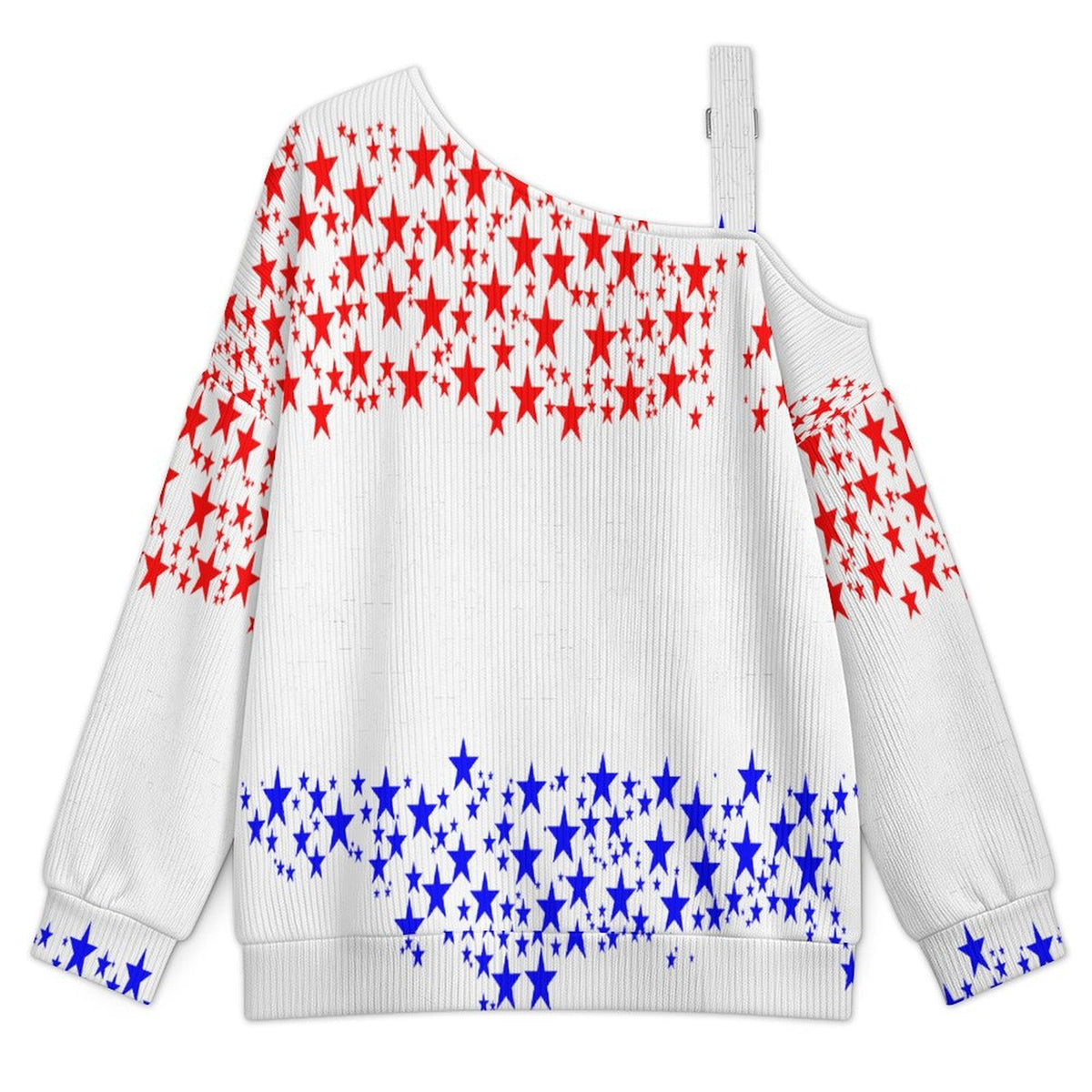 Off-the-shoulder Sweater Red And Blue Stars  U.S. Territory  Asymmetric Cold Shoulder Knit Sweater for Women, Adjustable Buckle Strap Long Sleeve Casual Slouchy Pullover