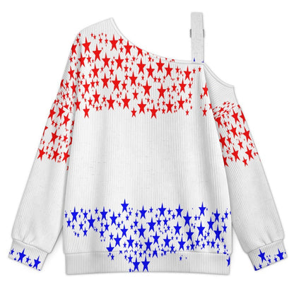 Off-the-shoulder Sweater Red And Blue Stars  U.S. Territory  Asymmetric Cold Shoulder Knit Sweater for Women, Adjustable Buckle Strap Long Sleeve Casual Slouchy Pullover
