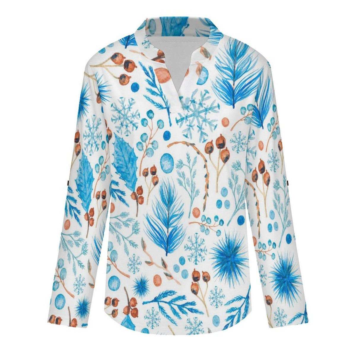 Stand-up Collar Long-sleeved Shirt Blue Leaves And Fruits  Customization Women’s V-Neck Blouses,long Sleeve,Roll-Up Sleeve Shirt