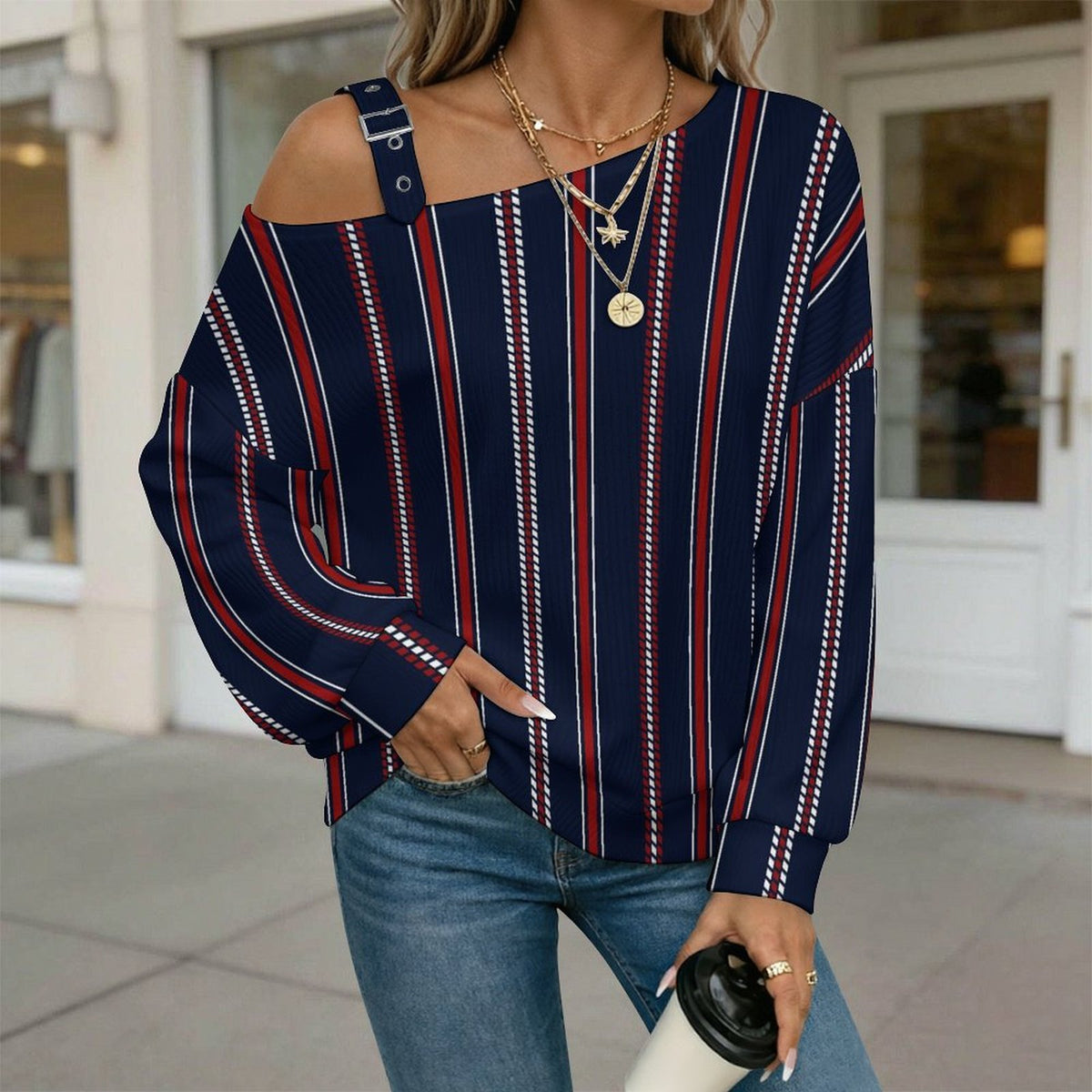 Off-the-shoulder Sweater Stripe  Asymmetric Cold Shoulder Knit Sweater for Women, Adjustable Buckle Strap Long Sleeve Casual Slouchy Pullover
