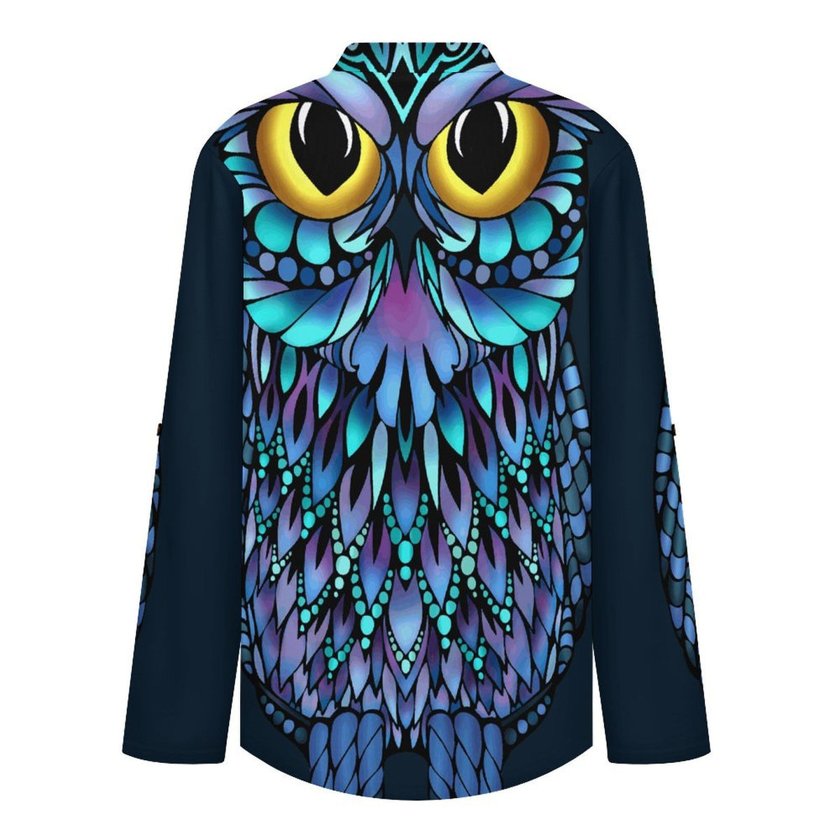 Stand-up Collar Long-sleeved Shirt Owl, Animal  Customization Women’s V-Neck Blouses,long Sleeve,Roll-Up Sleeve Shirt