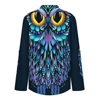 Stand-up Collar Long-sleeved Shirt Owl, Animal  Customization Women’s V-Neck Blouses,long Sleeve,Roll-Up Sleeve Shirt