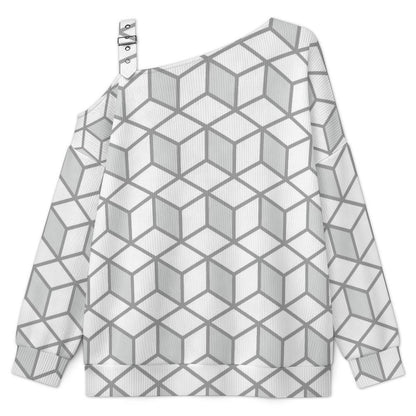 Off-the-shoulder Sweater Geometric Square Graphic Design  Asymmetric Cold Shoulder Knit Sweater for Women, Adjustable Buckle Strap Long Sleeve Casual Slouchy Pullover