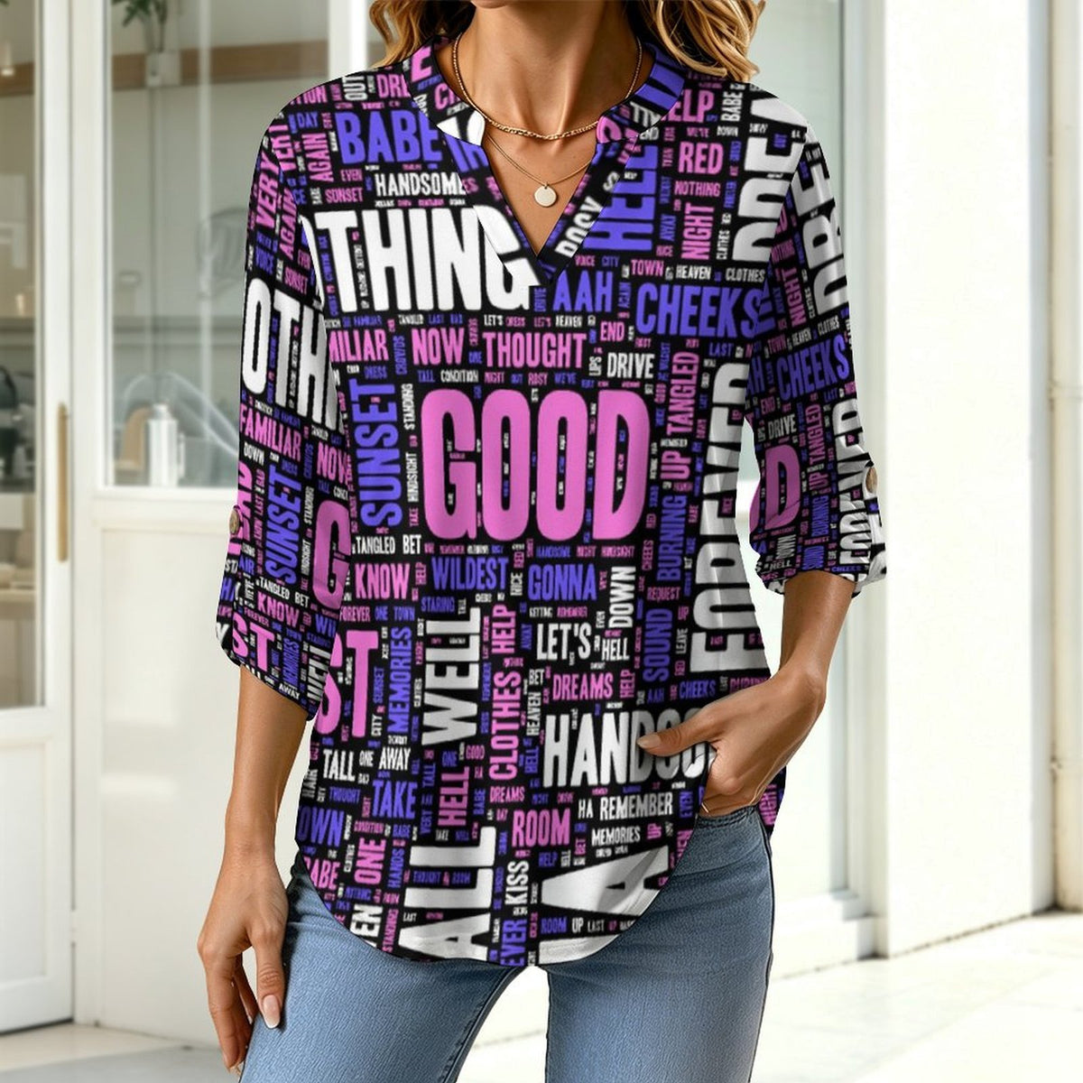 Versatile Notched V-Neck Tunic | Roll Tab 3/4 Sleeve Office Casual Top  Words Pattern Dress