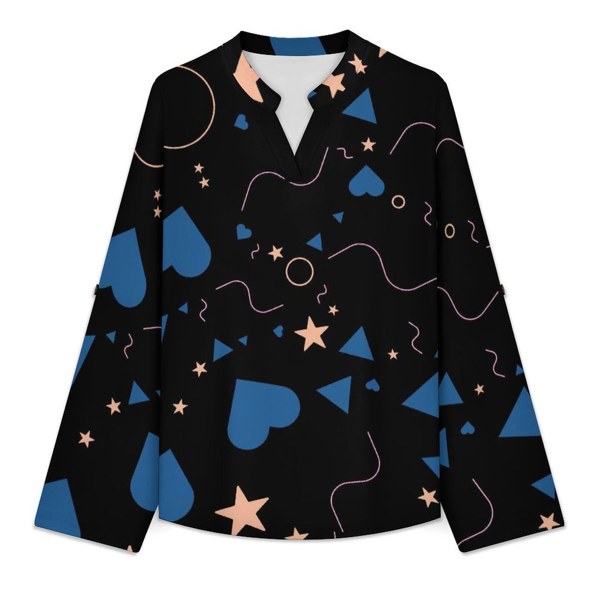 Love Starlight Pattern  Versatile Notched V-Neck Tunic | Roll Tab 3/4 Sleeve Office Casual Top