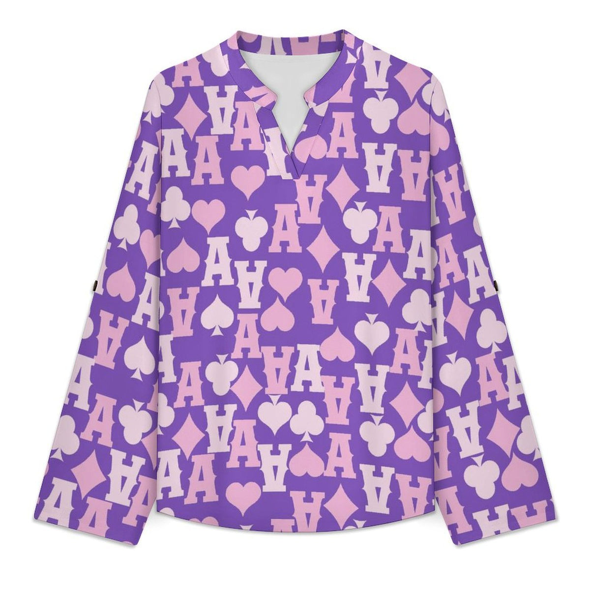 Stand-up Collar Long-sleeved Shirt Poker A  Customization Women’s V-Neck Blouses,long Sleeve,Roll-Up Sleeve Shirt