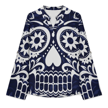 Stand-up Collar Long-sleeved Shirt Skul,folk-customl  Customization Women’s V-Neck Blouses,long Sleeve,Roll-Up Sleeve Shirt