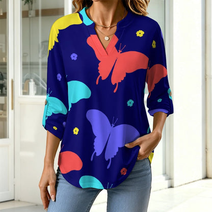 Women's Notched V Neck Tunic Tops, Roll Up 3/4 Sleeve Button Cuff Casual Blouse, Hem Loose Work Shirts  Butterfly-color-red-blue-yellow-repeat