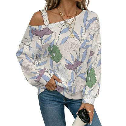 Off-the-shoulder Sweater Flowers  Asymmetric Cold Shoulder Knit Sweater for Women, Adjustable Buckle Strap Long Sleeve Casual Slouchy Pullover