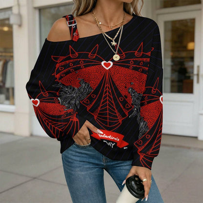 Off-the-shoulder Sweater Heart  Asymmetric Cold Shoulder Knit Sweater for Women, Adjustable Buckle Strap Long Sleeve Casual Slouchy Pullover