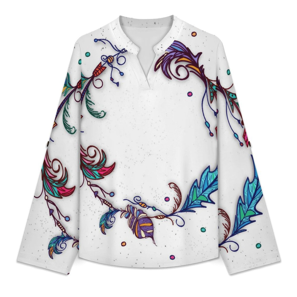 Stand-up Collar Long-sleeved Shirt Feathers  Customization Women’s V-Neck Blouses,long Sleeve,Roll-Up Sleeve Shirt